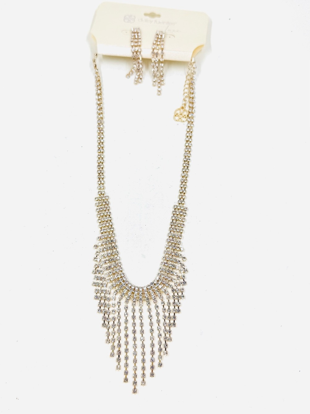 Daisy Fuentes Gold Fringe Rhinestone Necklace & Earrings Set 18-21” NWT